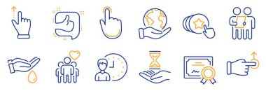 Wash Hands, Time Kum Saati gibi ikonlar. Sertifika, gezegeni kurtar. İnceleme, dokunmatik ekran jesti, kalkış hareketi. Çalışma saatleri, el tıklama gibi. Dostluk, kalp çizgisi simgelerini tutun. Vektör