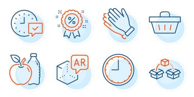 Paket nakliyat, zaman ve el çırpma işaretleri. Apple, Artırılmış Gerçeklik ve Alışveriş sepeti çizgisi simgeleri. Alarm, İndirim simgeleri seçin. @ info: status Diyet yemekler, sanal gerçeklik. İş seti. Vektör