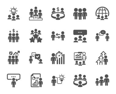 Simgelerle tanışma. Konferans, seminer, sınıf. Takım, iş ve iş fikri ikonları. Tartışma, sınıf işi, insan yönetimi. Sunum, ofis toplantısı, danışma. Vektör