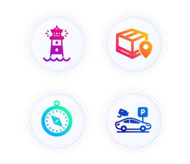 Paket takibi, Deniz feneri ve Seyahat pusula simgeleri basit set. Yarım tonlu noktalı düğme. Park yeri güvenlik işareti. Paket lokasyon şifresi, arama feneri kulesi, yolculuk güzergahı. Video kamera. Vektör