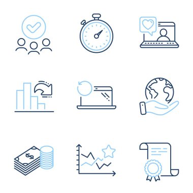 Zamanlayıcı, Friends sohbet ve tasarruf satırı simgeleri ayarlandı. Diploma sertifikası, gezegeni kurtarmak, bir grup insan. Grafik azalıyor, yıldızlar sıralanıyor ve dizüstü bilgisayar sinyalleri alınıyor. Vektör