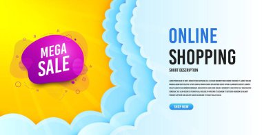 Mega satış rozeti. Bulutların pankart şablonu. İndirimli afiş şekli. Kupon ikonu. İnternetteki bulutlu alışveriş afişi. Mega satış promosyon rozeti. Tanıtım broşürü tasarımı. Vektör
