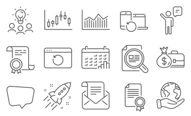 Sohbet mesajı, sertifika gibi eğitim simgeleri. Diploma, fikirler, gezegeni kurtarmak. Posta bülteni, Kurtarma cihazları, maaş. Makaleyi kontrol et, takvim grafiği, Kurtarma interneti. Vektör