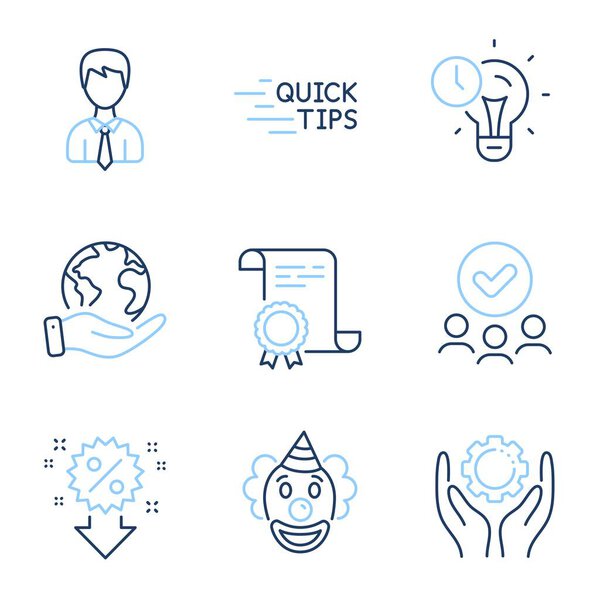 Набор значков "Скидка", "Управление временем" и "Линия бизнеса". Диплом, спасти планету, группу людей. Рука сотрудника, знаки "Клоун и образование". Продажа покупок, Идея лампочки, Пользовательские данные. Вектор
