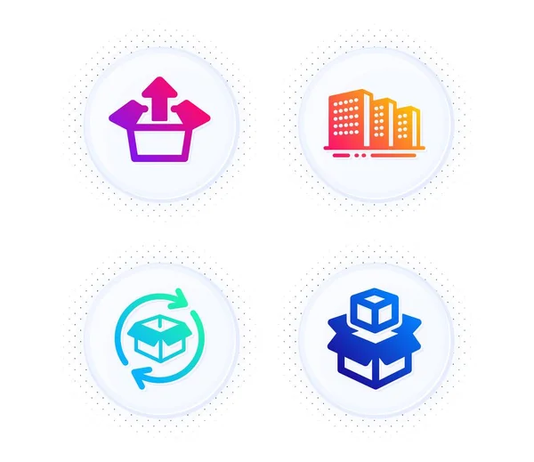 Return parcel, Send box and Buildings icons simple set. Button with halftone dots. Packing boxes sign. Exchange of goods, Delivery package, City architecture. Industrial set. Vector