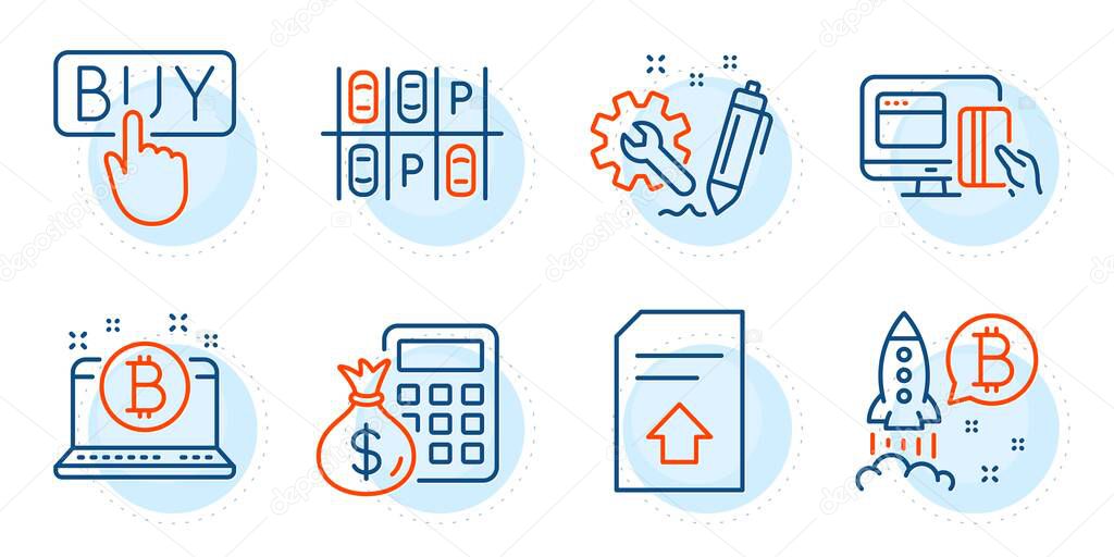 Engineering, Parking place and Bitcoin signs. Online payment, Buying and Upload file line icons set. Bitcoin project, Finance calculator symbols. Money, E-commerce shopping. Technology set. Vector