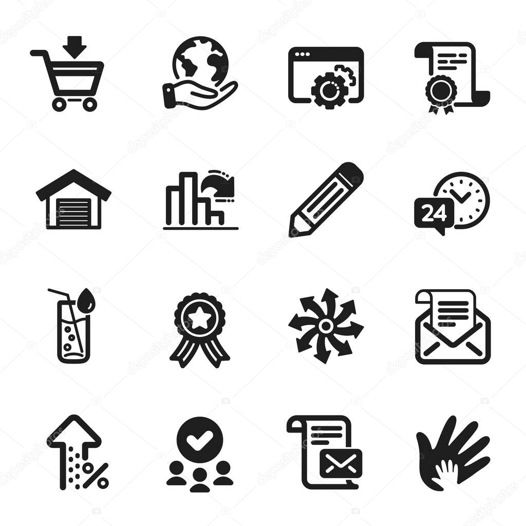 Set of Business icons, such as Versatile, Increasing percent. Certificate, approved group, save planet. Water glass, Online market, Social responsibility. Vector