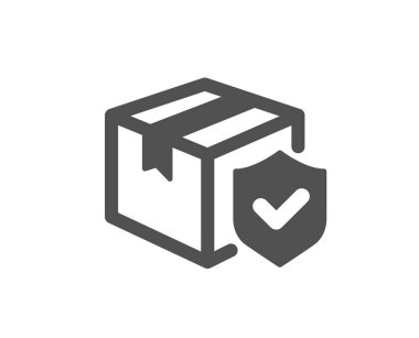 Paket sigorta ikonu. Risk sigortası işareti. Paket teslim koruma sembolü. Klasik düz stil. Kalite tasarım elemanı. Basit bir sigorta ikonu. Vektör