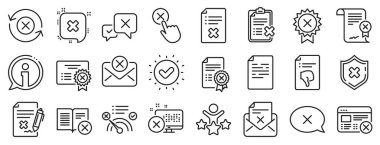 Set of Decline certificate, Cancellation and Dislike icons. Reject or cancel line icons. Refuse, Reject stamp, Disapprove or cancel. Wrong agreement, delete certificate, checklist document. Vector clipart