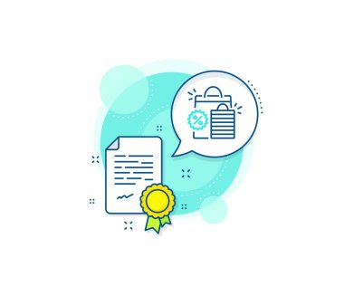 Alışveriş torbaları tabelası. Sertifika kompleksi simgesi. İndirim çizgisi simgesi. Temizlik sembolü. Sertifika veya diploma belgesi. Alışveriş torbaları tabelası. Vektör
