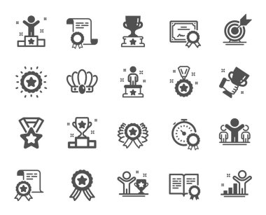 Başarı simgeleri. Kazanan kupa, gol hedefi, sertifika. Ödül, kurdeleli madalya, taç ikonları. Ödül, kazanan podyum, birincilik. Heykel, sertifikalı diploma, meydan okuma. Vektör