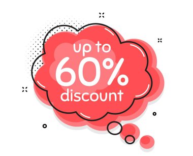 % 60 'a kadar indirimli. Sohbet balonu. Satılık fiyat tabelası. Özel teklif sembolü. Yüzde 60 tasarruf et. Replikli konuşma balonu. İndirimli etiket tanıtım metni. Vektör