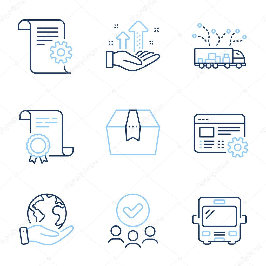 Web settings, Analysis graph and Technical documentation line icons set. Diploma certificate, save planet, group of people. Truck delivery, Bus and Package box signs. Vector