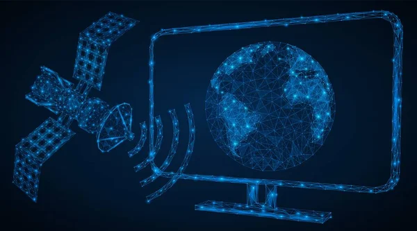 Satélite Espacial Que Transmite Sinal Tela Com Mapa Planeta Terra —  Vetores de Stock