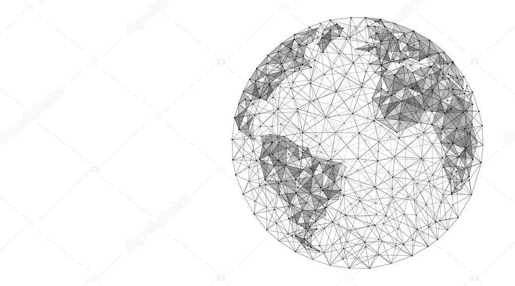 World map. The concept of a global digital network. Wireframe connection of lines and points. Low-poly vector illustration. Structure of the particle system.