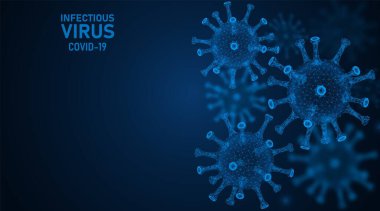 Covid-19 Coronavirus 'un mikrobiyolojik parçacıkları. Bulaşıcı bakteriler. Hastalığın tıbbi konsepti. Bir fütürist düşük-polyester 3D çizim.