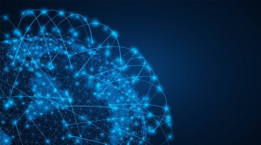 Dünya çapında bir küresel iletişim ağı. Ağ bağlantısı optimizasyon teknolojisi. Dünyanın çokgen haritası. Mavi arkaplan.
