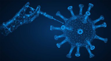 Bulaşıcı viral hastalıklara karşı aşı. Şırıngayla bir el. Coronavirüs salgını. Düşük polimerli tasarım. Mavi arkaplan.