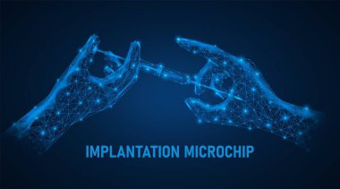 Bir insanın koluna mikroçip yerleştirmek. Kimlik implantasyonu. Düşük polimerli model. Mavi arkaplan