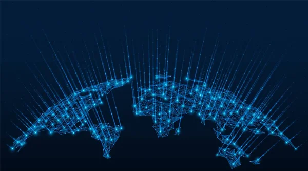 Wereldkaart Communicatietechnologieën Satellietcommunicatie Polygonaal Model Van Continenten Van Aarde Blauwe — Stockvector