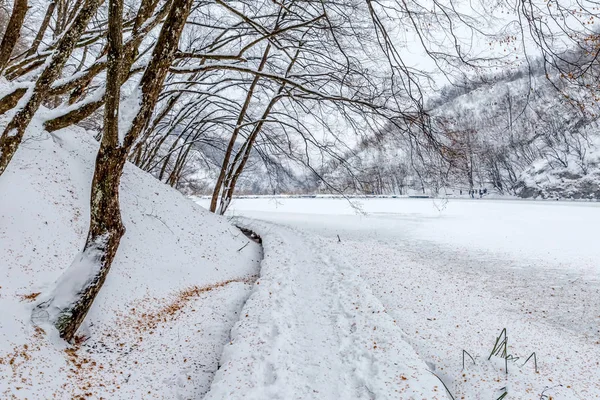 Plitvice lakes snöiga vinter — Stockfoto