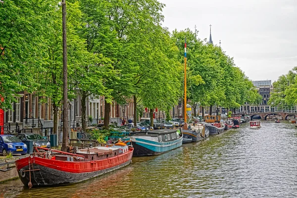 Amsterdamse groene bomen reflectie in rivier kanaal — Stockfoto