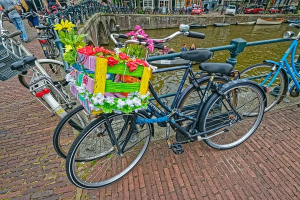 Amsterdam biciclette parcheggiate vicino al vecchio canale fluviale — Foto Stock