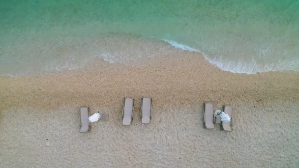 Luftfoto af liggestole og strandparaplyer på stranden – Stock-video