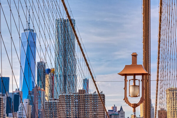 NEW YORK, USA - OCTOBER 1, 2018: Brooklyn Bridge lamp detail.