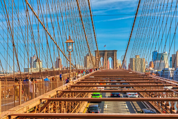 NEW YORK, USA - OCTOBER 1, 2018: View of Brooklyn through the Brooklyn Bridge cables.