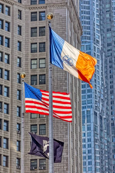 USA vlajka, New York City vlajka a Národní liga rodin POW MIA vlajka — Stock fotografie