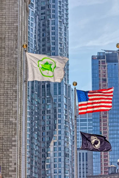 US flag, New York City Parks flag and National League of Families POW MIA Flag — 스톡 사진