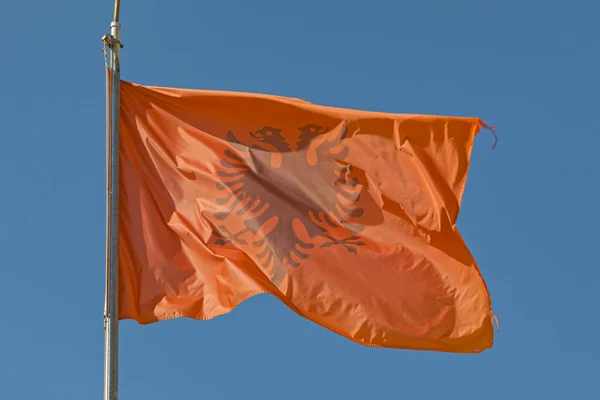 Bandera de Albania ondeando cielo azul en el fondo — Foto de Stock