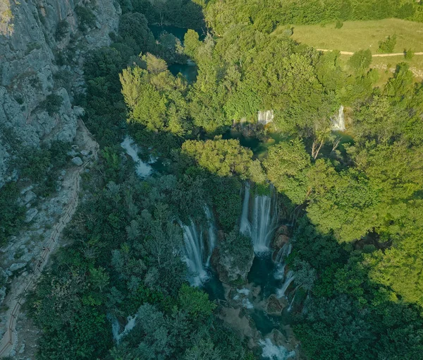 Aerial view of waterfall in canyon of the Krka River in Croatia — Stock Photo, Image
