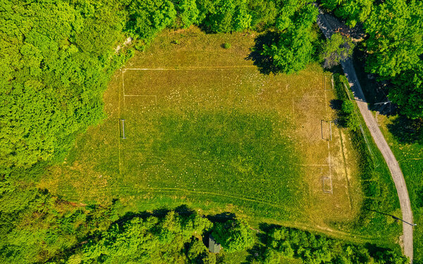 Aerial drone shot of the soccer playground on the Outskirts of Zagreb, village Cucerje
