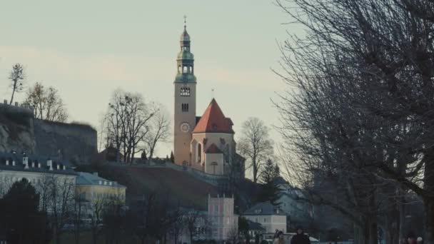 Mulln church in Salzburg Austria on winter day — Stock Video