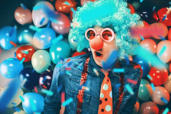 Funny Young Party Man Having Fun Carnival Colorful Balloons Background — 스톡 사진