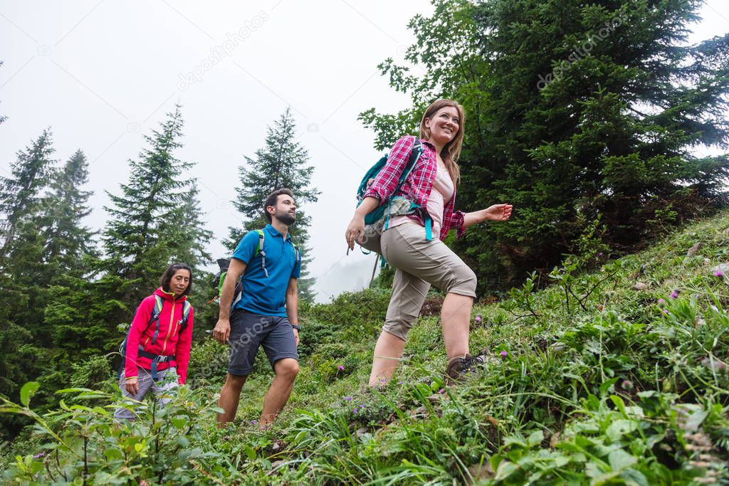 Group of hikers walking in forest, mountain region kleinwalsertal Austria.