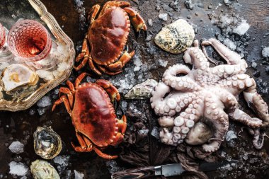 top view of various seafood, octopus, crabs and oysters with ice on dark surface