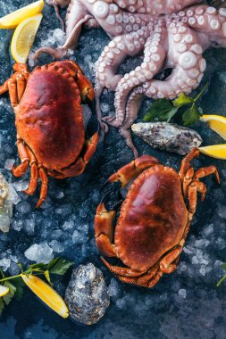 top view of delicious crabs, octopus, oysters and lemon slices on ice