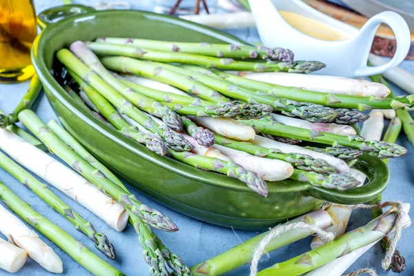 Close View Fresh Asparagus Blue Surface — Stock Photo, Image