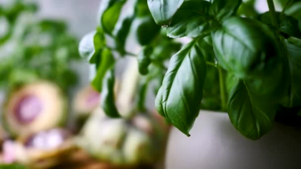 Vue Rapprochée Artichauts Frais Sains Feuilles Basilic Sur Une Table — Video