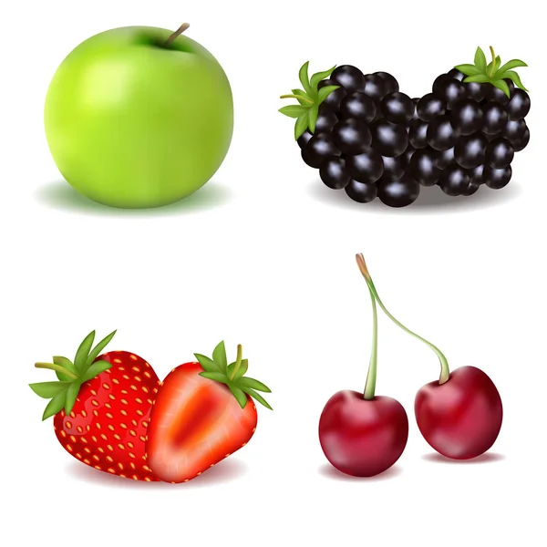 Un conjunto de frutas y bayas útiles. Una manzana. Fresa. Blackberry y cereza . — Archivo Imágenes Vectoriales