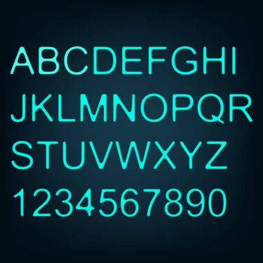 Neon metin. Alfabe. Harfler kümesi. Mavi. Tasarımlarınız için.