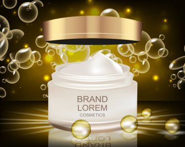 Kozmetik. Ayarlayın. Bokeh arka plan üzerinde beyaz kapsayıcı. Siyah.