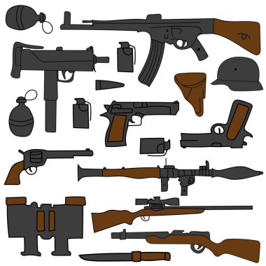 El çizimi. Doodle. Silah kümesi. Tasarımlarınız için.