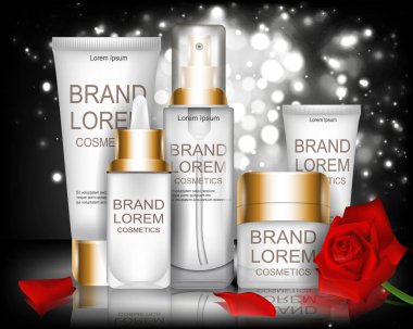 Romantik. Kozmetik. Ayarlayın. Bokeh arka plan üzerinde beyaz kapsayıcı. Siyah. Kırmızı gül.