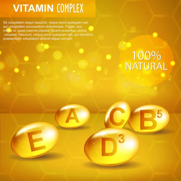 Complejo vitamínico. Cosméticos. A, B 5, C, E, D 3. Cuidado facial y corporal . — Vector de stock