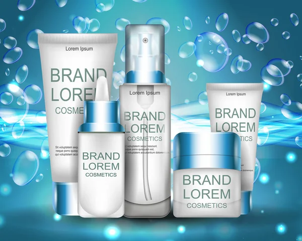 Kozmetik ayarlayın. Nemlendirici krem. Mavi bir arka plan üzerinde Su damlacıkları. Vücut ve yüz bakım gerçekçi sunumu.