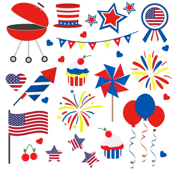 4η Ιουλίου. Αμερικανική ημέρα της ανεξαρτησίας. Γιορτή. Πυροτέχνημα. Πρότυπο για καρτ-ποστάλ, φυλλάδια. Σημαία. Σετ — Διανυσματικό Αρχείο